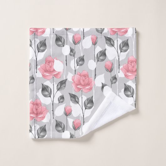 Gris et rose. Modèle floral serviette de bain (Gant de toilette)