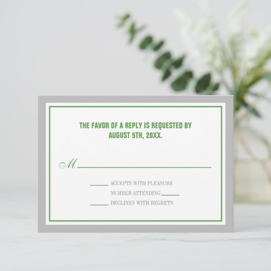 Gris et vert Réception de mariage Cartes RSVP (Debout devant)
