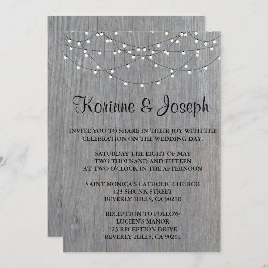 Gris faire-part de mariage, bois, Chaîne Lumière (Devant / Derrière)