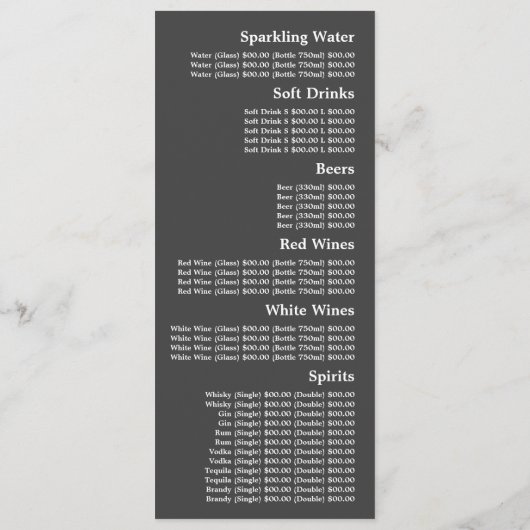 Gris forêt, Menu mince de restaurant (Dos)