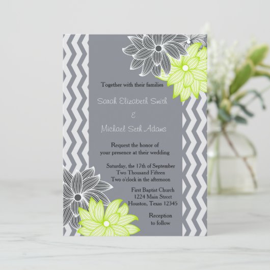 Gris Lime Vert Chevron Faire-part de mariage Flora (Debout devant)