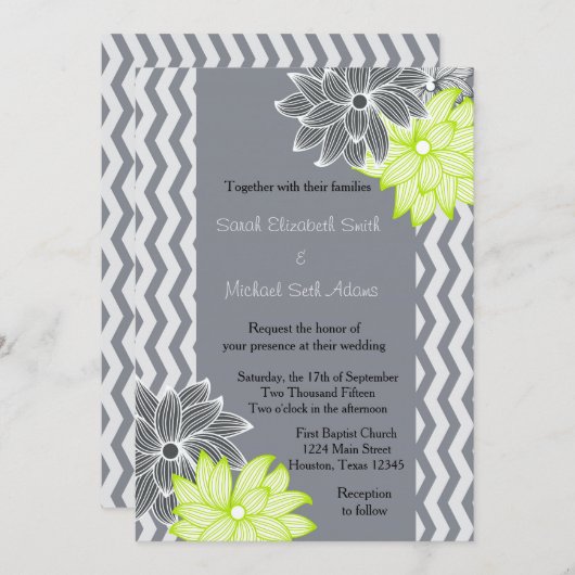 Gris Lime Vert Chevron Faire-part de mariage Flora (Devant / Derrière)