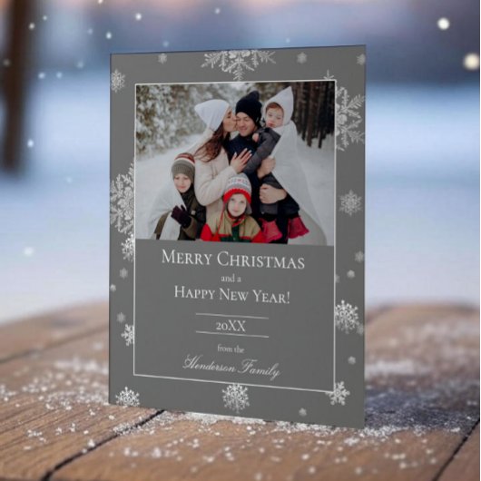 Gris Moderne Snowflakes Flat Holiday Carte photo