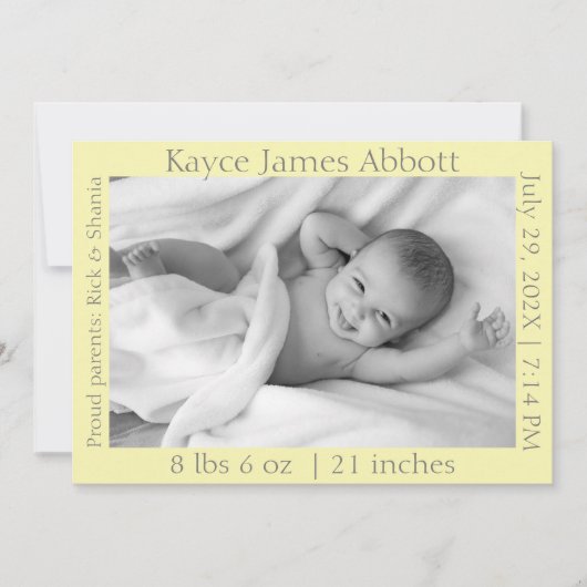 Gris moderne sur Faire-part bébé jaune pastel (Devant)