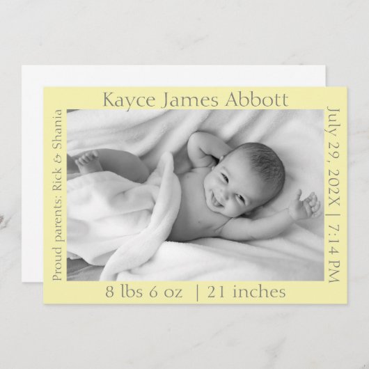 Gris moderne sur Faire-part bébé jaune pastel (Devant / Derrière)