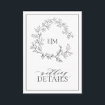 Gris Monogramme Détails du Mariage Carte de boîtie<br><div class="desc">Nous aimons cette carte de détails gris moderne et tendance ! Simple, élégant et oh-so-joli, il présente une couronne feuilletée dessinée à la main encerclant un monogramme mariage moderne. Il est personnalisé en typographie élégante, et accentué par la calligraphie lettrée à la main. Enfin, il est taillé dans un cadre...</div>