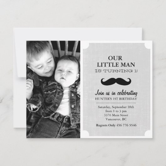Gris & Mustache noire Photo Premier Invitation d'a (Devant)