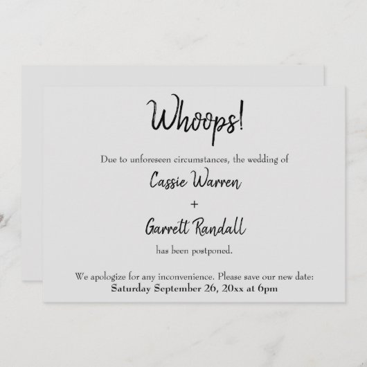 Gris "Oups !" Carte Mariage reportée (Devant / Derrière)