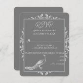 Gris Peacock Flourish Wedish Card RSVP Card (Devant / Derrière)