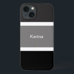 Gris Personnalisé Gris Noir Et Blanc Gratuit<br><div class="desc">Vous adorerez cette étagère de téléphone portable moderne,  chic et design avec un motif rayé gris,  noir et blanc. Grandes bandes noires et grises avec petites bandes blanches. Personnalisé avec votre nom imprimé dans un texte blanc.</div>
