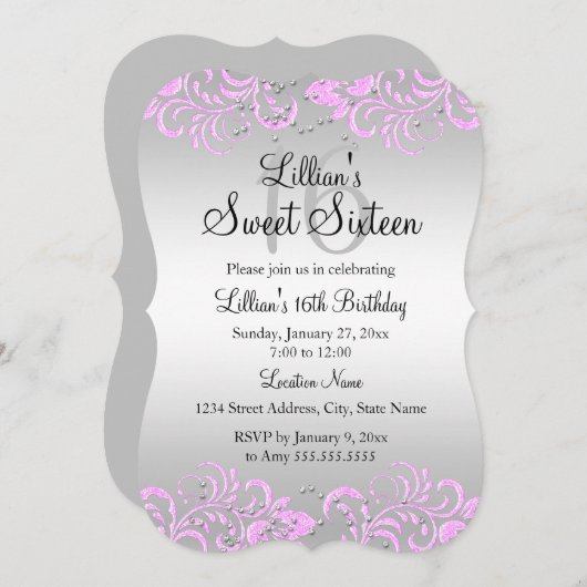 Gris rose floral brun doux 16 Invitation (Devant / Derrière)