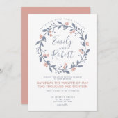 Gris rose Floral Wreath Moderne Faire-part de mari (Devant / Derrière)