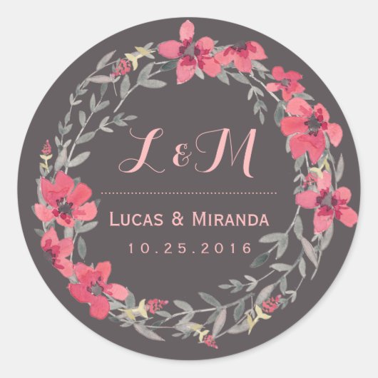 Gris rose floral Wreath Wedding Favor Sticker (Devant)