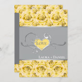 Gris, Roses Jaunes Faire-part de mariage 2 (Devant / Derrière)