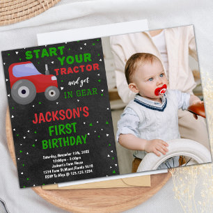 Gris Rouge Tracteur Anniversaire Invitations avec 