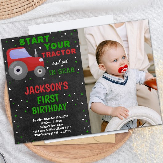 Gris Rouge Tracteur Anniversaire Invitations avec