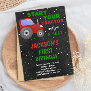 Gris Rouge Tracteur Invitations Anniversaire