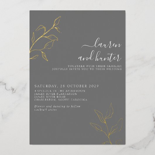 Gris Script Gold Botanique Mariage Foil Invitation (Recto)