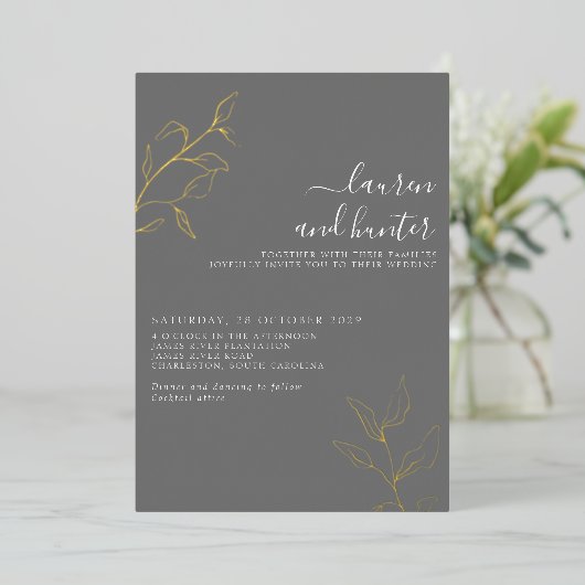 Gris Script Gold Botanique Mariage Foil Invitation (Debout devant)