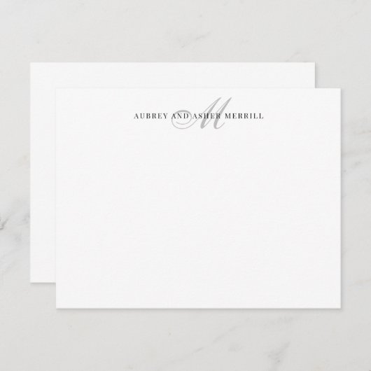Gris Script Monogramme Moderne Stationnote Carte (Devant / Derrière)