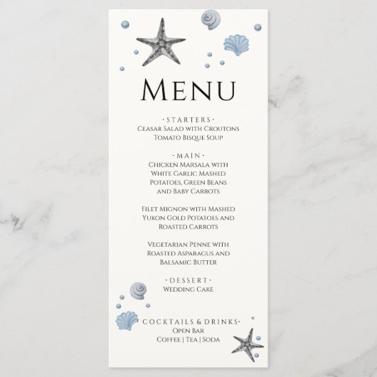 Gris Starfish Blue Shells Beach Menu de mariage (Devant)