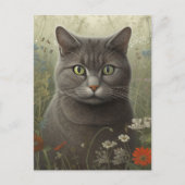 Gris Tom Chat Dans Un Jardin Fleur Carte Postale (Devant)