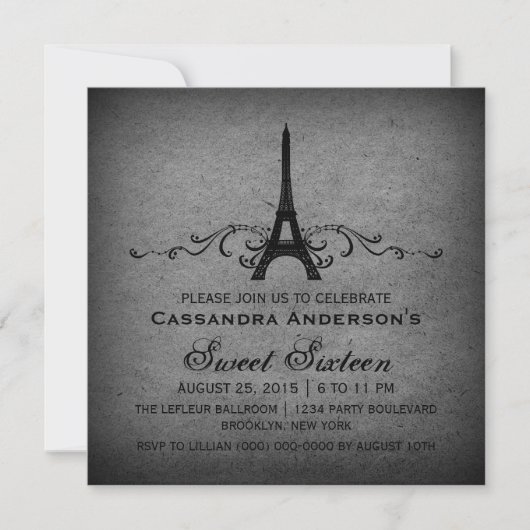 Gris Vintage Français Plourish Sweet 16 Invitation (Devant)
