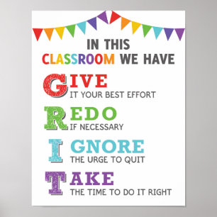 GRIT Acronym Classroom Growth Mindset Poster