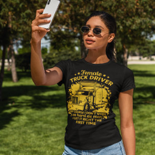 Gritty vrouw vrachtwagenchauffeur met trots t-shirt