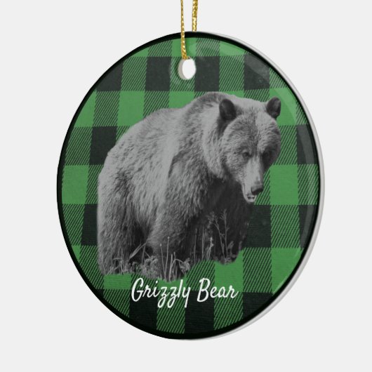 Grizzly Bear Buffalo Plaid en céramique ornement (Gauche)