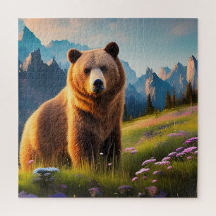 Grizzly Beer aan bergkant, bloemen Legpuzzel