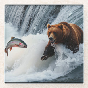 grizzly Beer catching salmon Glazen Onderzetter