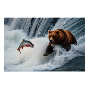 grizzly Beer catching salmon Perfect Poster