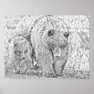 Grizzly Beer & Cub Grey scale abstract kleuren Poster