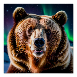 Grizzly Beer en het noorderlicht Perfect Poster