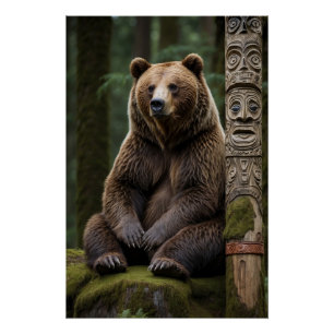 Grizzly Beer en Totem Pole Wildlife Art Perfect Poster