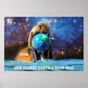 Grizzly Beer Holding Planet Earth Art Poster