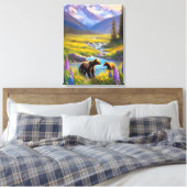 Grizzly Beer Mountain Meadow Wildflower Schilderij Canvas Afdruk (Insitu (Slaapkamer))