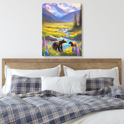 Grizzly Beer Mountain Meadow Wildflower Schilderij Canvas Afdruk (Insitu (Slaapkamer))