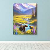 Grizzly Beer Mountain Meadow Wildflower Schilderij Canvas Afdruk (Insitu (Houten vloer))