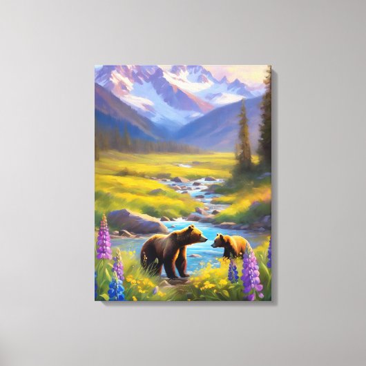 Grizzly Beer Mountain Meadow Wildflower Schilderij Canvas Afdruk (Voorkant)