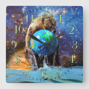 Grizzly Beer & Planet Earth Fantasy Art Clock Vierkante Klok