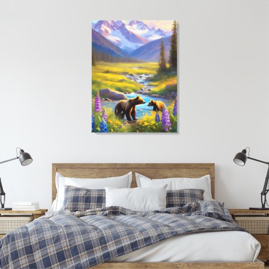 Grizzly Beer Rocky Mountain Spring Meadow Lupinen Canvas Afdruk (Insitu (Slaapkamer))