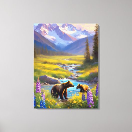 Grizzly Beer Rocky Mountain Spring Meadow Lupinen Canvas Afdruk (Voorkant)