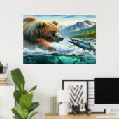 Grizzly Beren met steelhead forel zalm 36x24 Poster (Thuiskantoor)