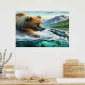Grizzly Beren met steelhead forel zalm 36x24 Poster (Keuken)