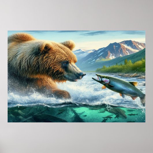 Grizzly Beren met steelhead forel zalm 36x24 Poster (Voorkant)