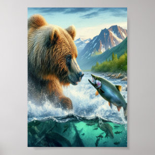 Grizzly Beren met steelhead forel zalm 5x7 Poster