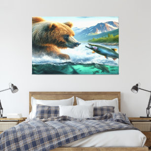 Grizzly Beren met steelhead forel zalm Canvas Afdruk