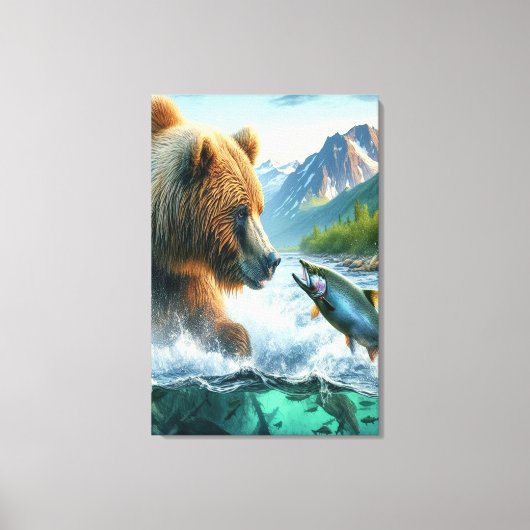 Grizzly Beren met steelhead forel zalm Canvas Afdruk (Voorkant)
